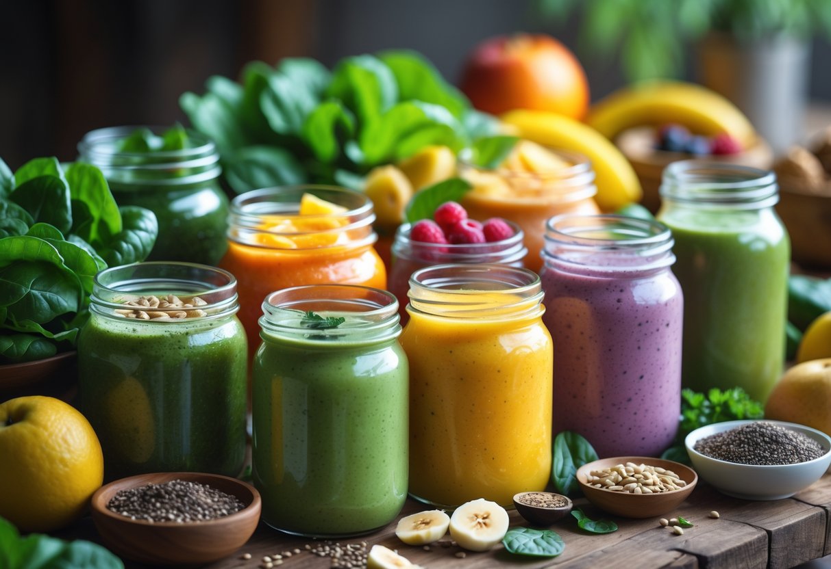 A variety of colorful energy smoothies in glass jars surrounded by fresh fruits, leafy greens, nuts, and seeds on a wooden table.