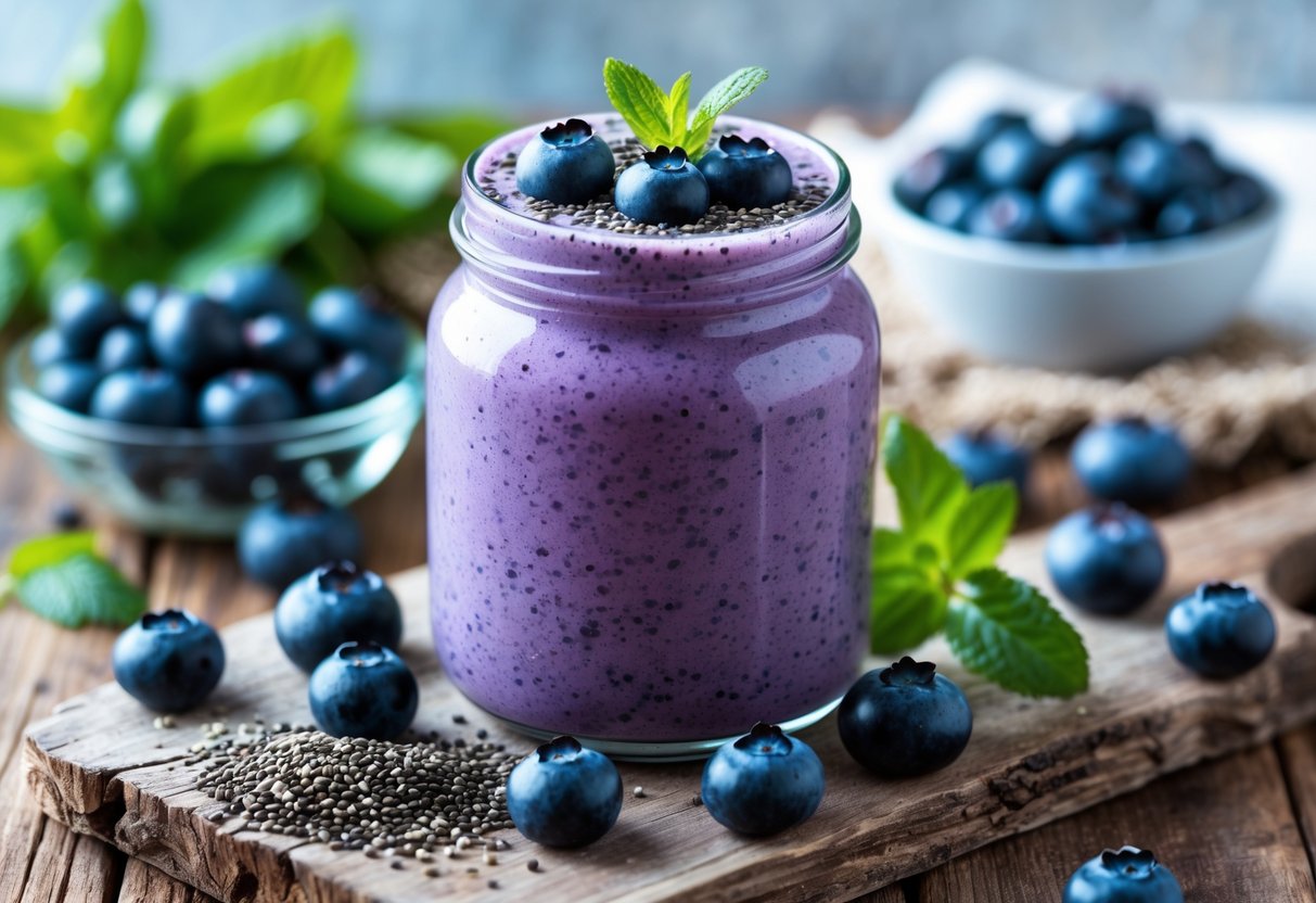 A glass jar filled with a purple-blue chia seed blueberry smoothie, topped with chia seeds and fresh blueberries, surrounded by fresh blueberries and chia seeds on a wooden table.