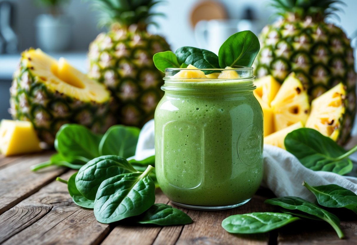 A glass jar filled with a green spinach pineapple smoothie surrounded by fresh spinach leaves and pineapple pieces on a wooden table.