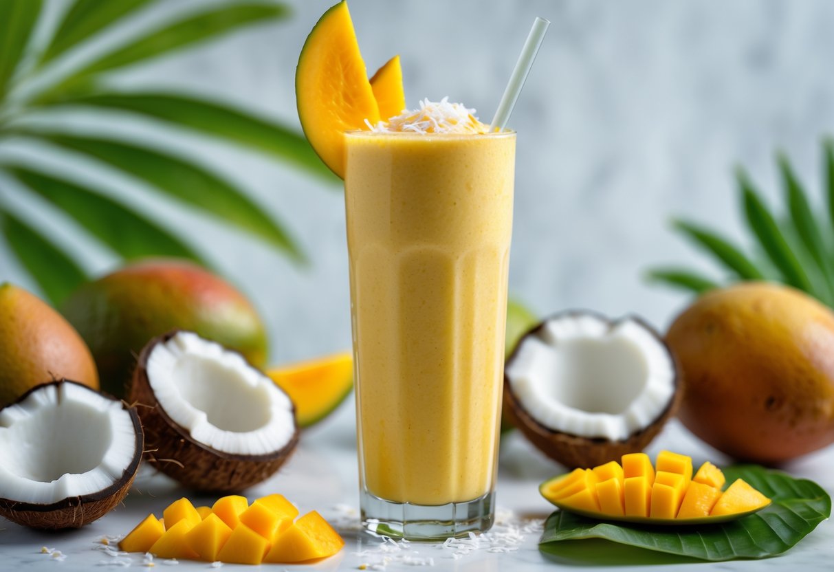 A glass of creamy coconut mango smoothie surrounded by fresh mango slices, coconut halves, and tropical leaves on a bright surface.