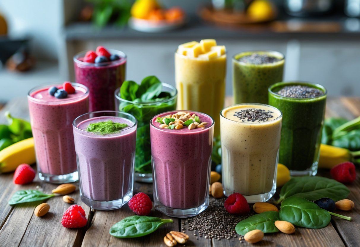 Ten colorful energy smoothies in clear glasses surrounded by fresh fruits, greens, nuts, and seeds on a wooden table.