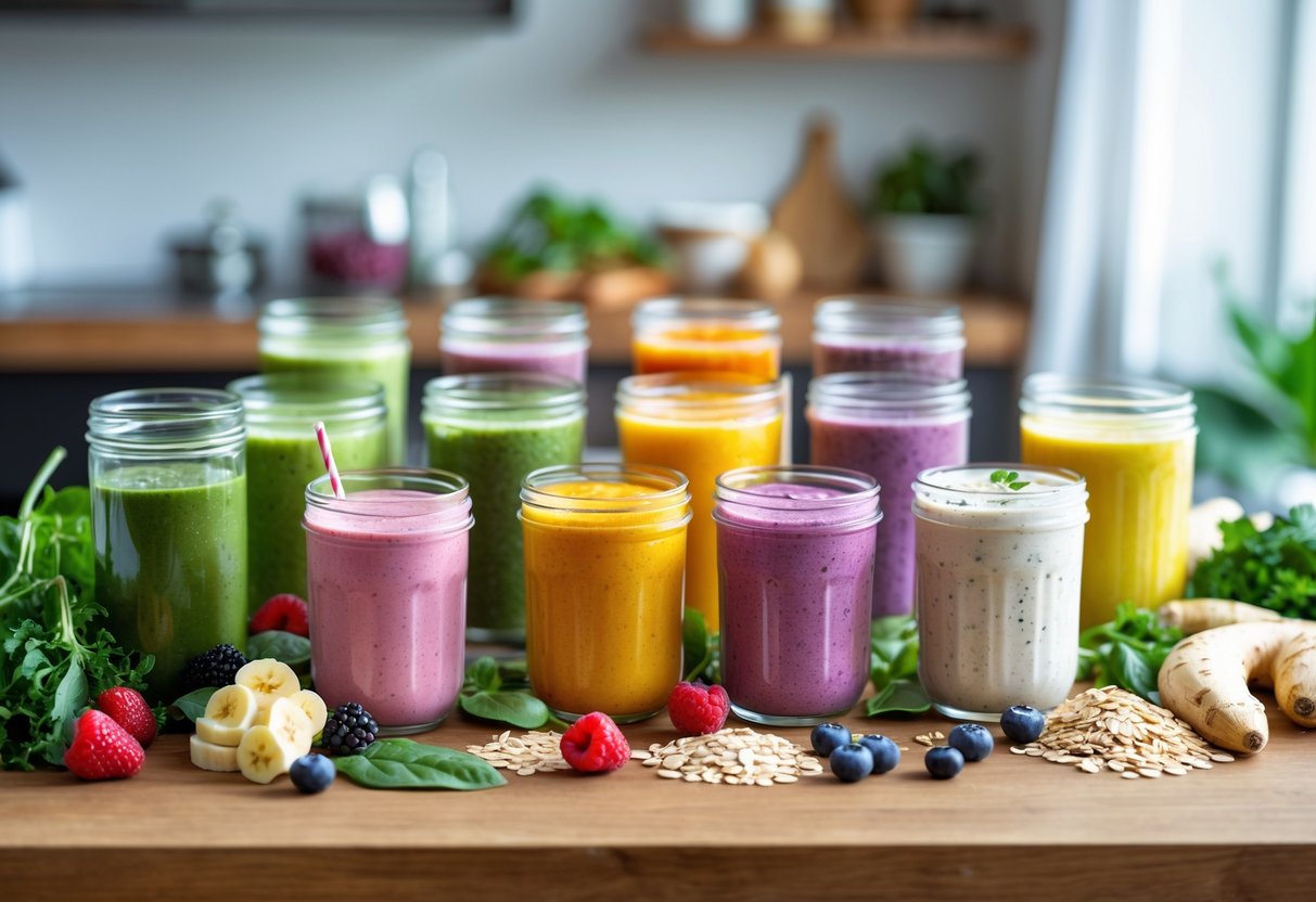 Ten colorful smoothies in clear glasses on a wooden table surrounded by fresh fruits and ingredients in a bright kitchen.