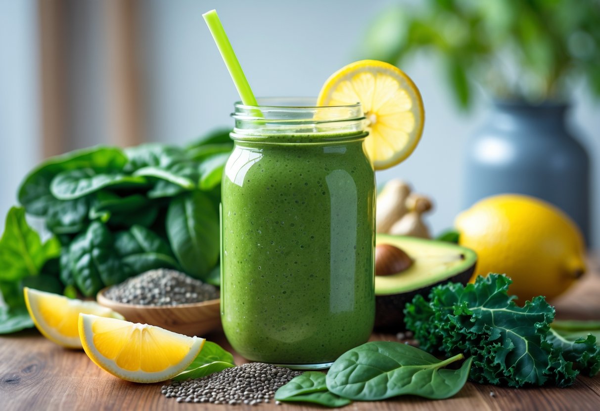 A green smoothie in a glass jar surrounded by fresh spinach, kale, avocado, chia seeds, ginger, and lemon on a wooden table.