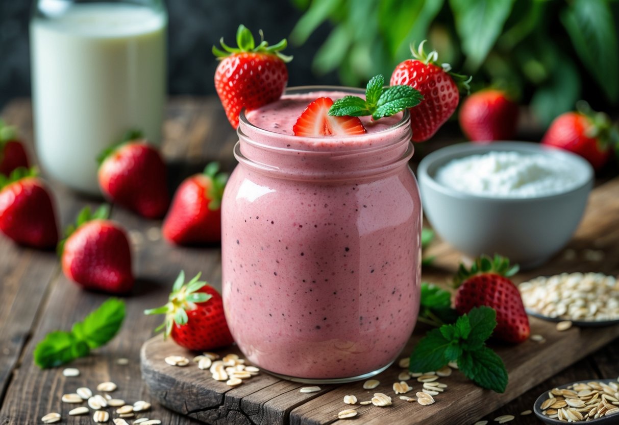 A glass jar of pink strawberry and kefir smoothie on a wooden table surrounded by fresh strawberries, kefir, oats, and chia seeds.