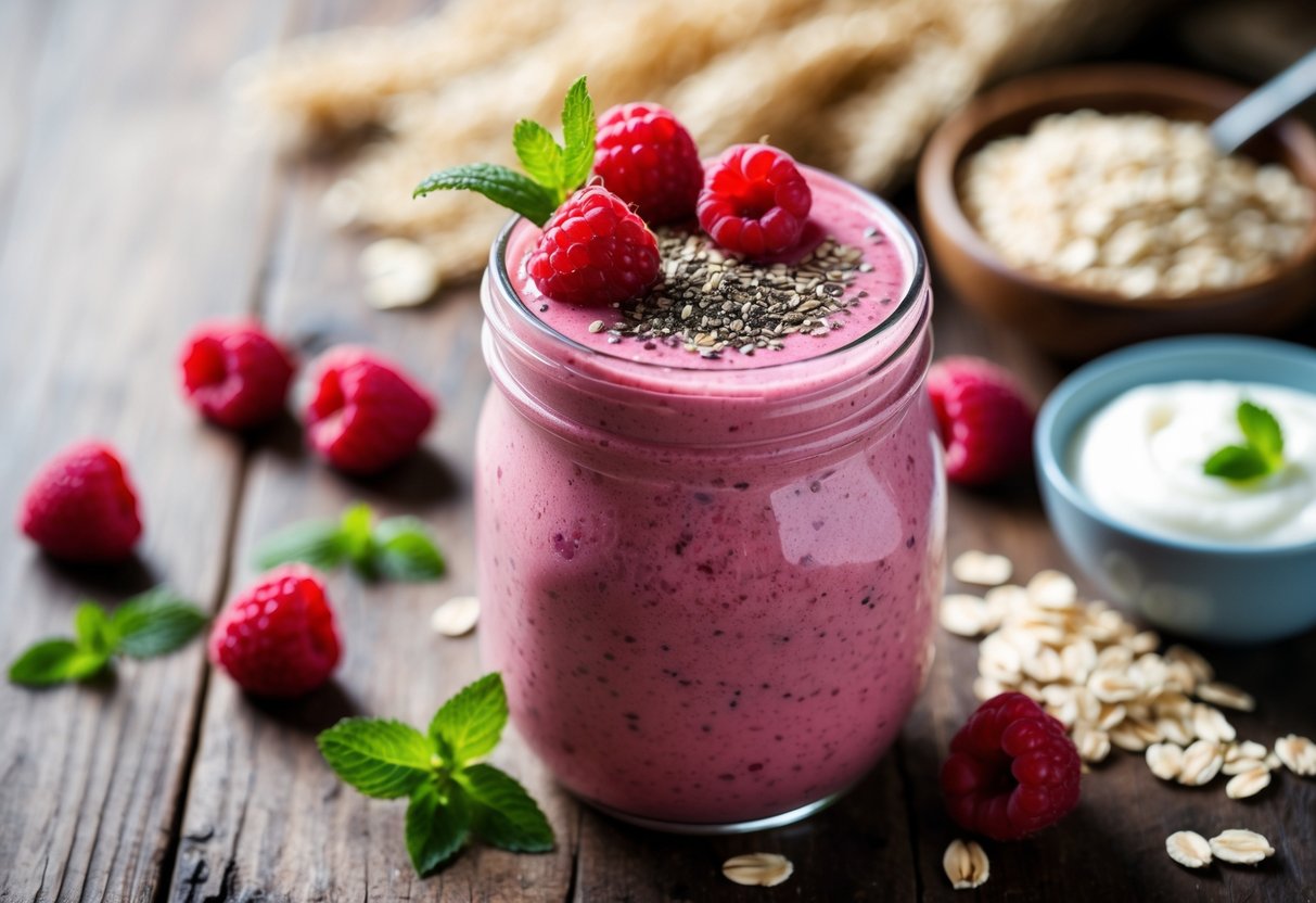 Close-up of a raspberry and yogurt smoothie in a glass jar topped with fresh raspberries, chia seeds, and mint leaves, surrounded by raspberries, yogurt, and oats on a wooden table.
