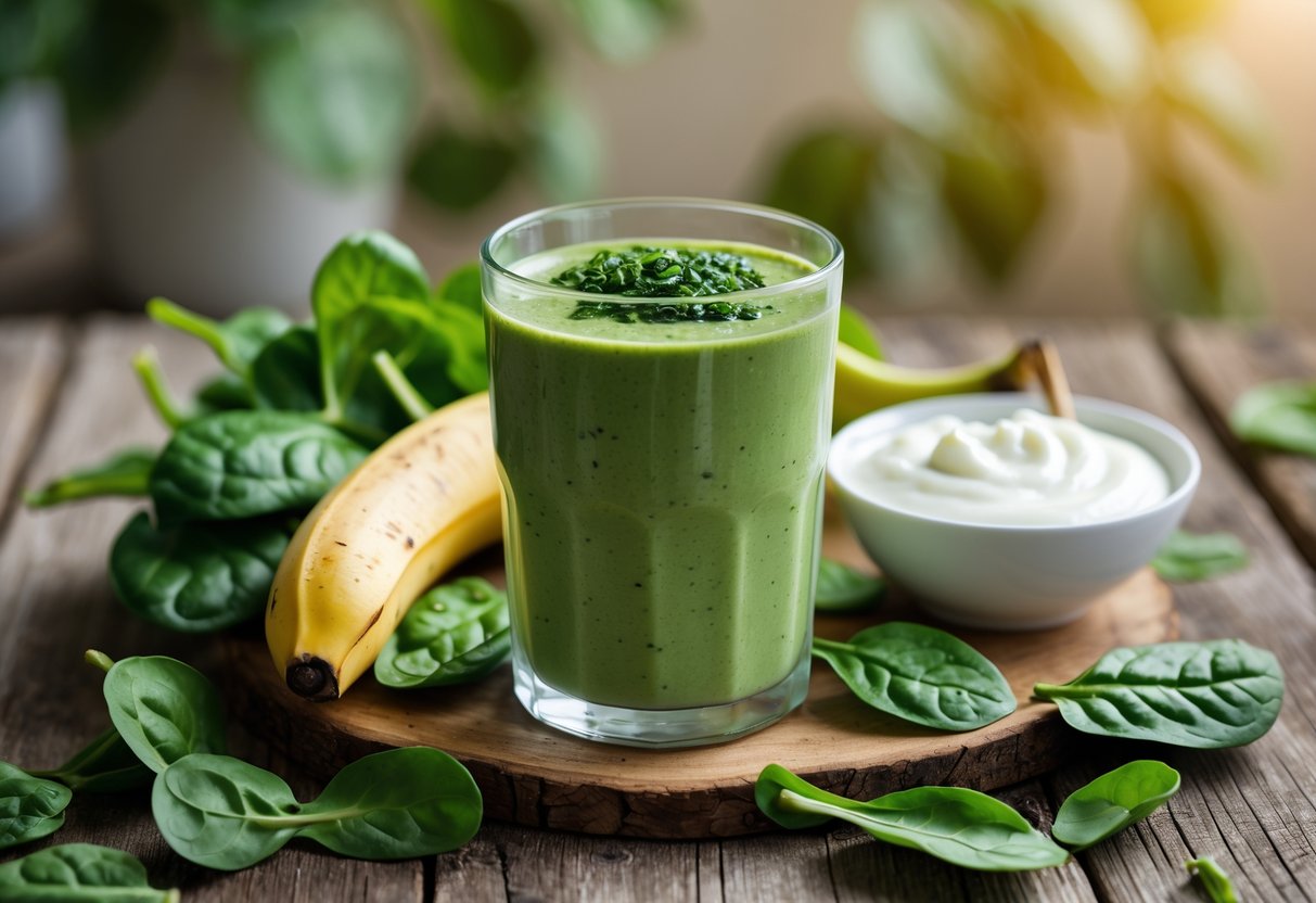 A glass of green spinach, banana, and yogurt smoothie with fresh spinach leaves, a peeled banana, and a bowl of yogurt on a wooden table.
