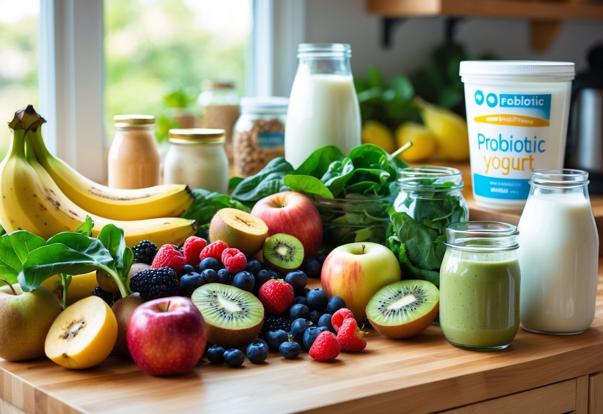 A kitchen countertop with fresh fruits, leafy greens, jars of yogurt, almond milk, and a blender filled with a colorful smoothie mixture.