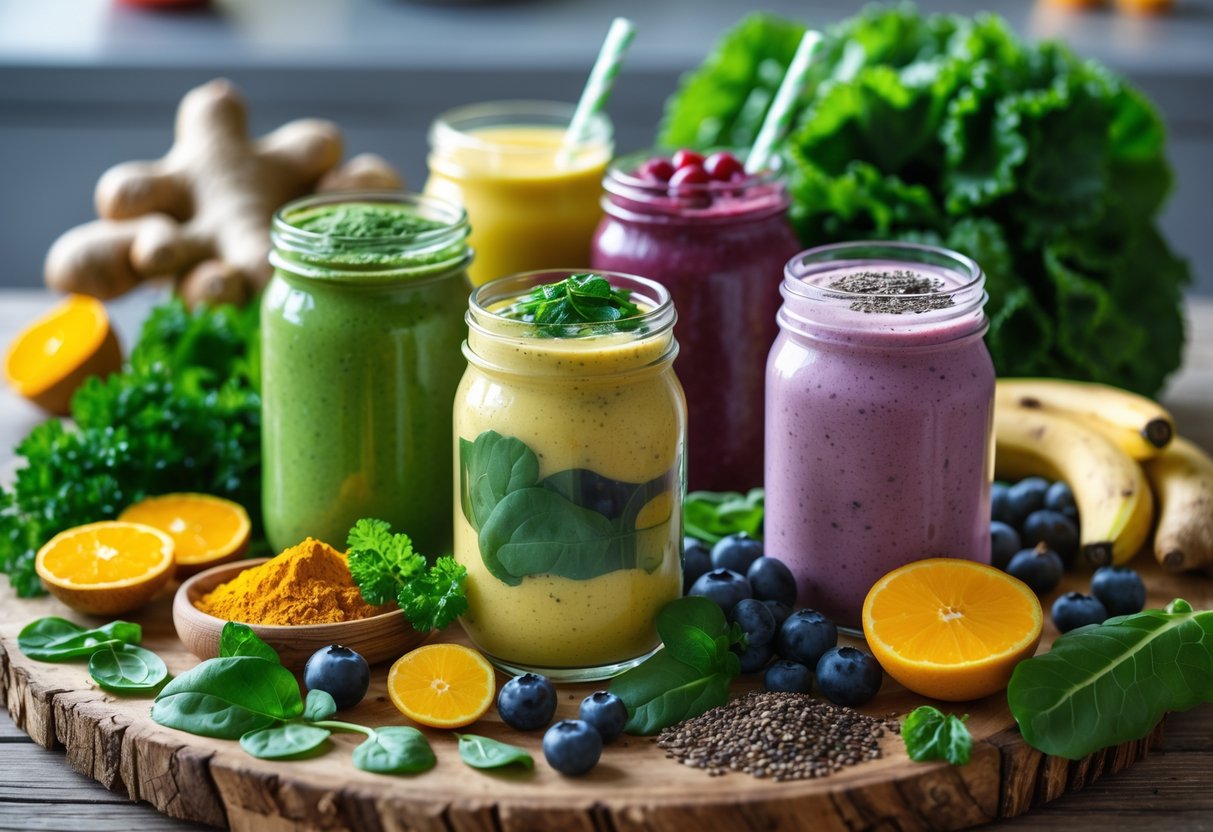 A variety of colorful gut health smoothies in clear glasses surrounded by fresh fruits, vegetables, and herbs on a wooden table.