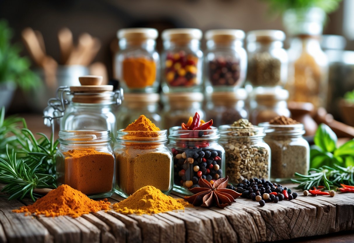 A collection of open glass jars filled with colorful spices arranged on a wooden kitchen countertop with fresh herbs scattered around.