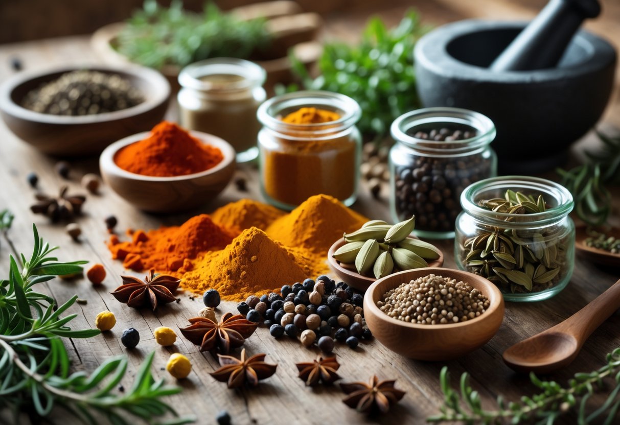 A variety of colorful spices in glass jars and wooden bowls arranged on a wooden surface with fresh herbs and kitchen utensils nearby.
