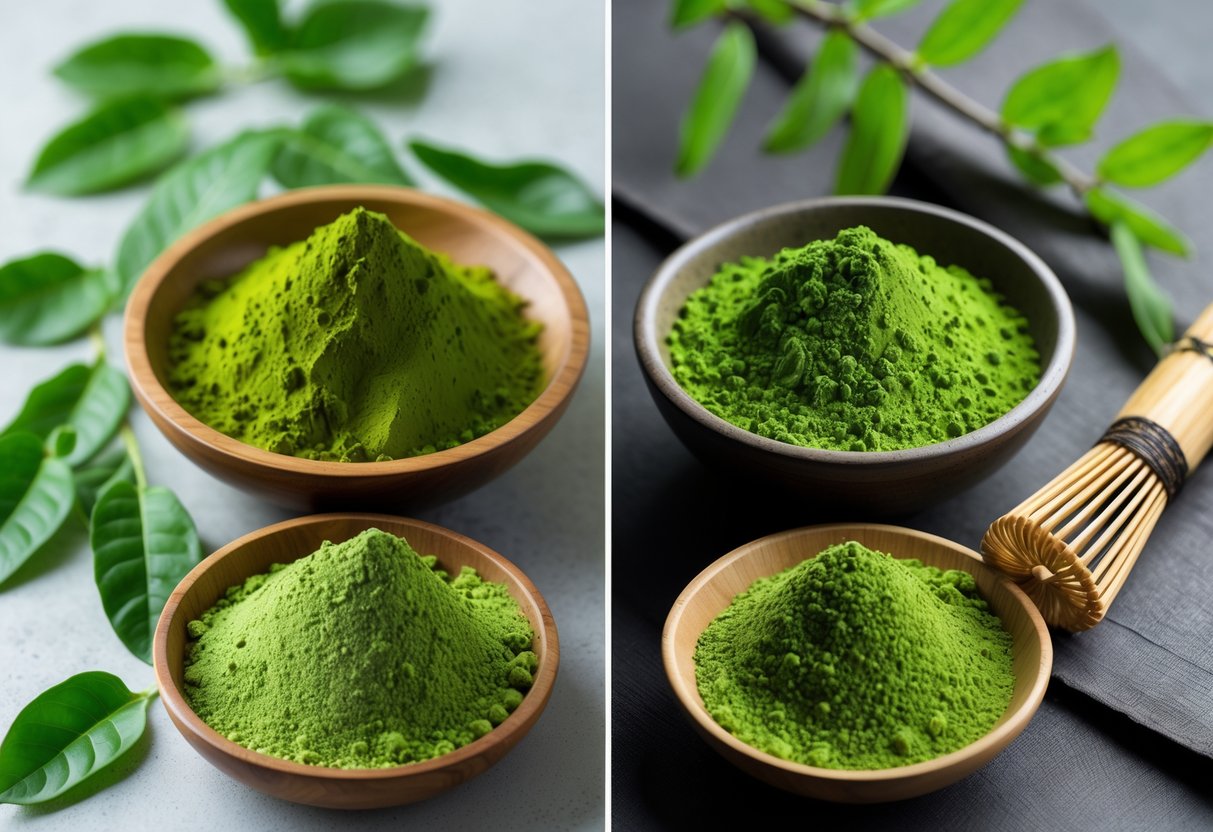 A side-by-side display of moringa powder with fresh moringa leaves and matcha powder with a bamboo whisk and a cup of matcha tea on a neutral background.