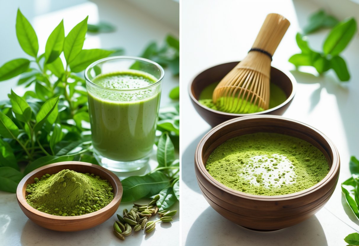 Two bowls of green powders with fresh leaves and drinks on a kitchen countertop, showing moringa on the left and matcha on the right.