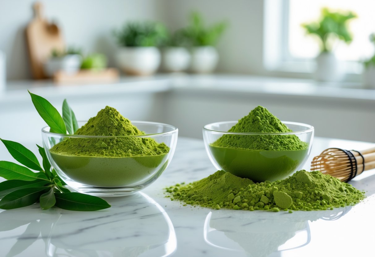 Two clear glass bowls on a kitchen countertop, one with green moringa powder and leaves, the other with bright green matcha powder and tea leaves, with a bamboo whisk nearby.